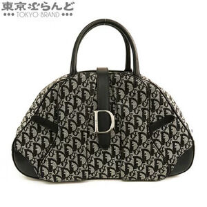 Christian Dior Double Saddle Handbag Black Canvas Leather Trotter Boston Bag